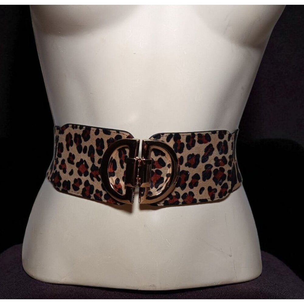 Stretch Animal Print Cinch Belt Gold Buckle Big Cat Cheetah Leopard Spots 26" - Picture 2 of 10
